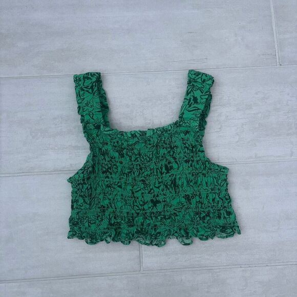 Isabel Maternity Floral Smocked Crop Top Green Floral Bohemian Ruffled Small - Picture 1 of 5